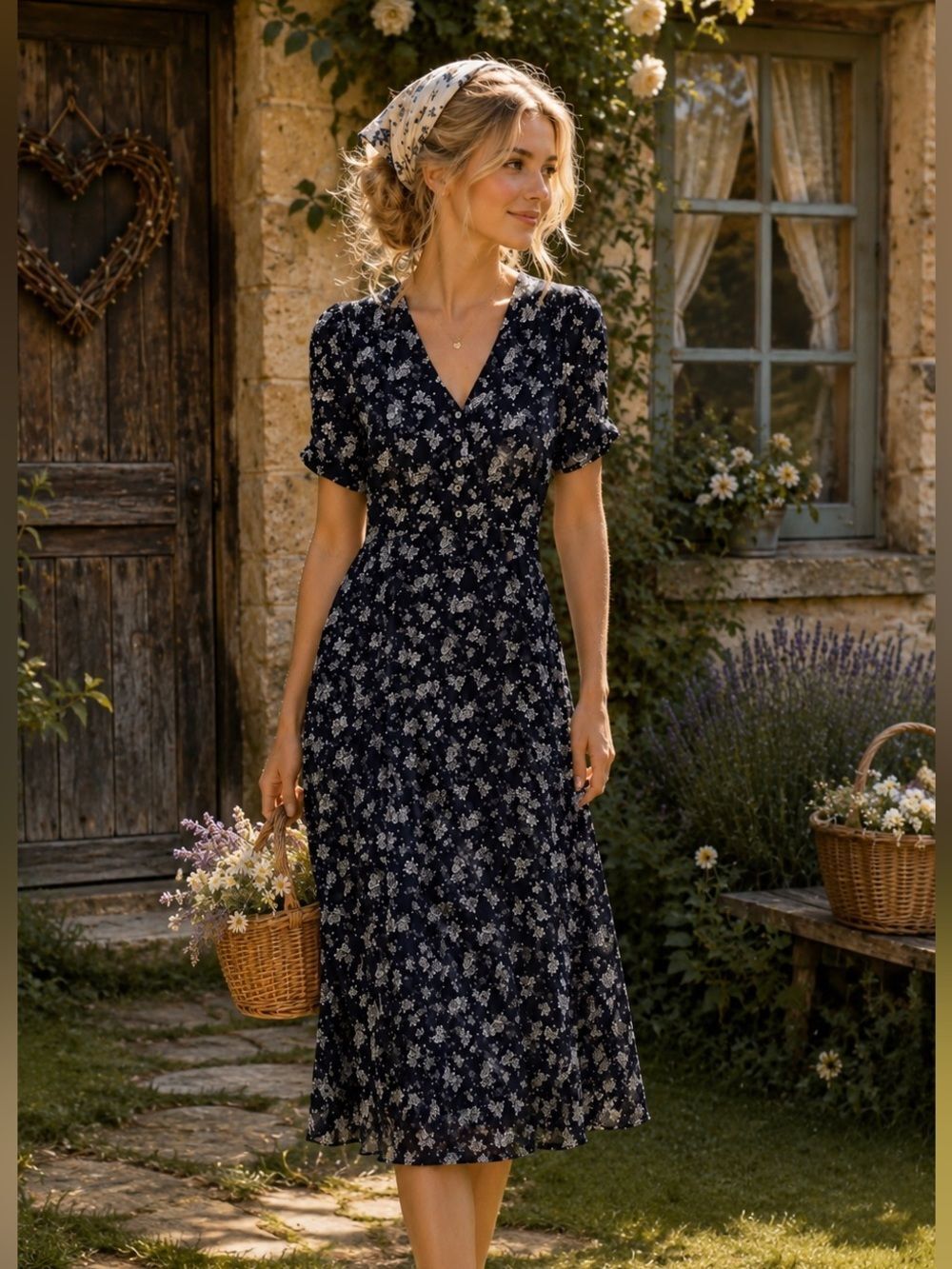 Louche Cottage Core Floral V-Neck Navy Midi Dress with Puff Sleeves